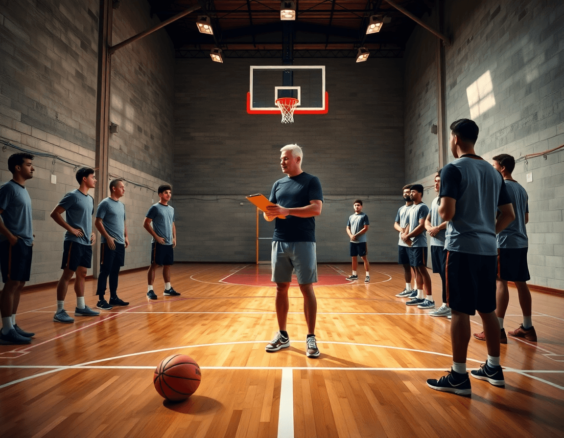 escena amplia de calentamiento para baloncesto movilidad articular en gimnasio, entrenador guiando al equipo