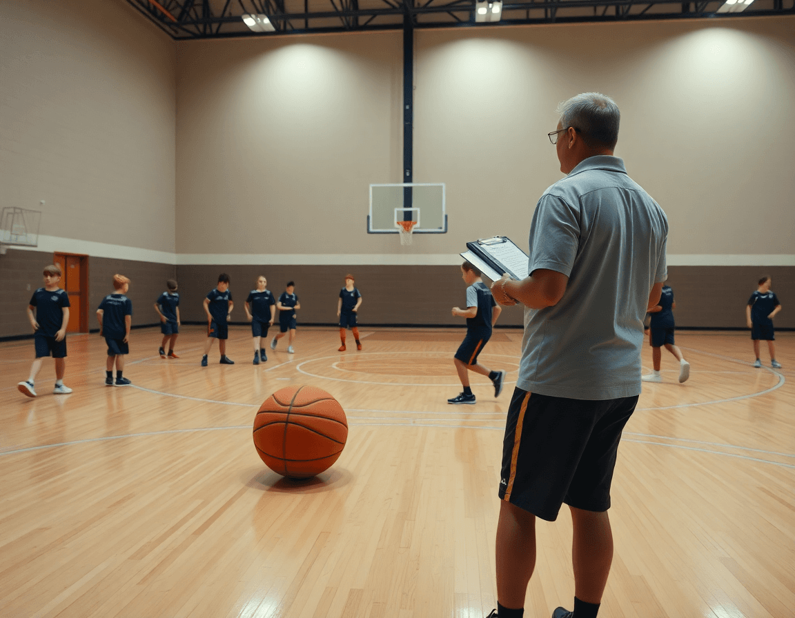 Vista amplia de una cancha de baloncesto con niños practicando ejercicios de calentamiento baloncesto para niños.