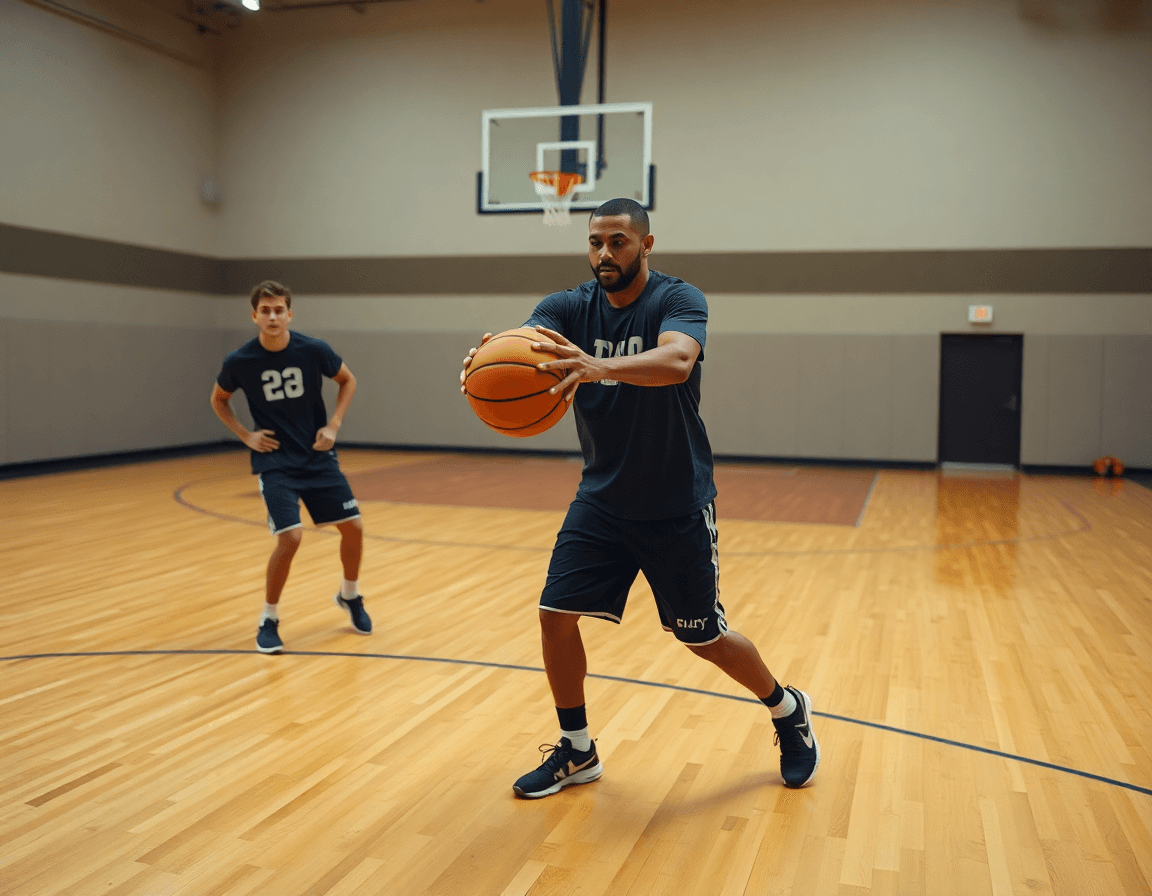Primer plano de manos y la pelota naranja durante un drill de calentamiento especifico baloncesto ejercicios.