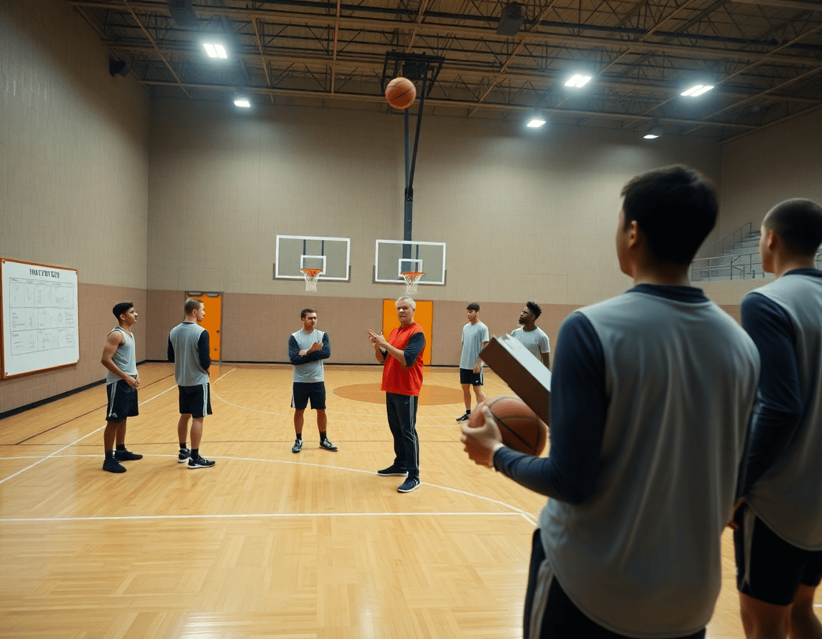 Escena amplia de calentamiento especifico baloncesto ejercicios en un gimnasio, entrenador con tablero y equipo.