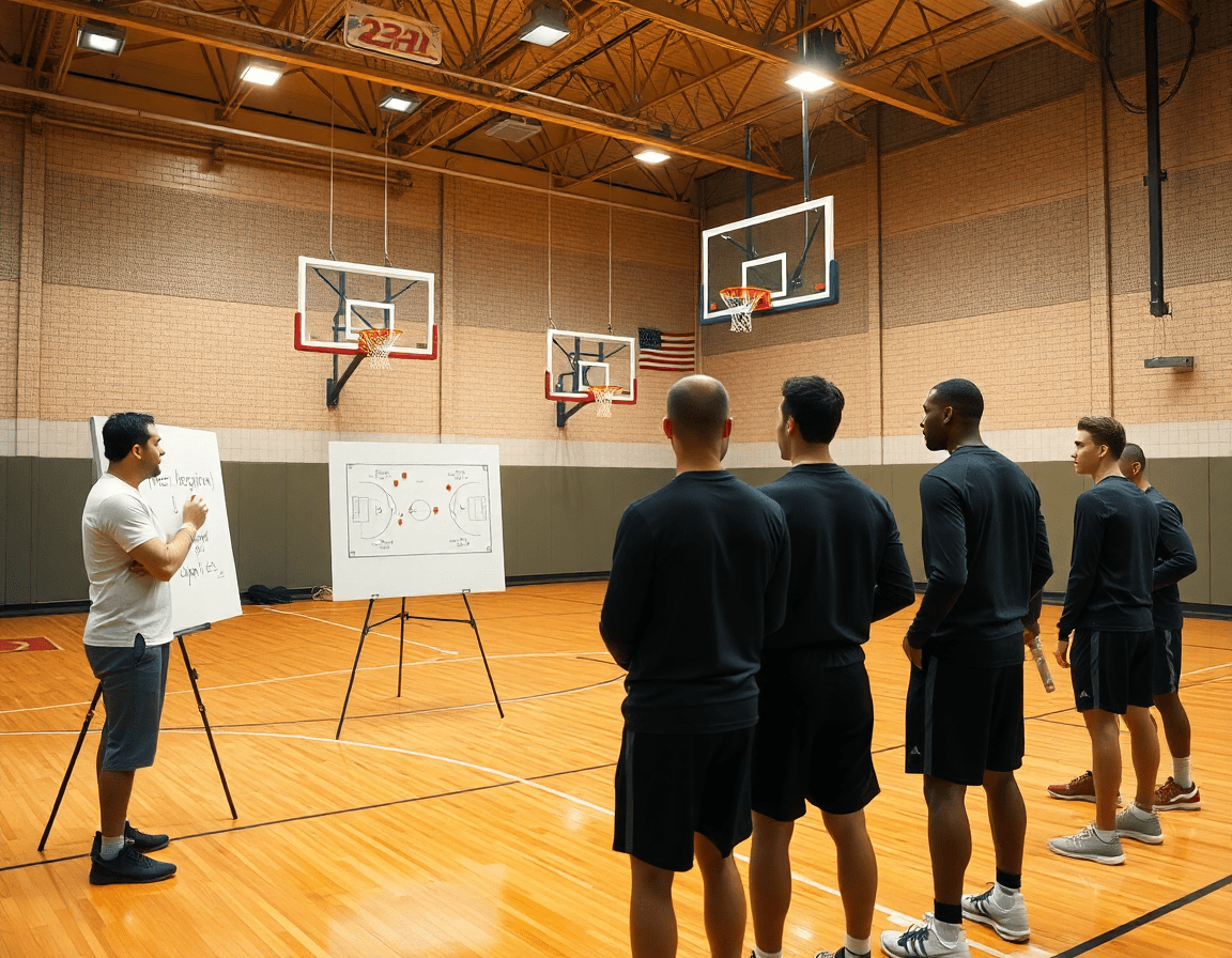 Un coach baloncesto explica una jugada en la pizarra táctica mientras jugadores observan.