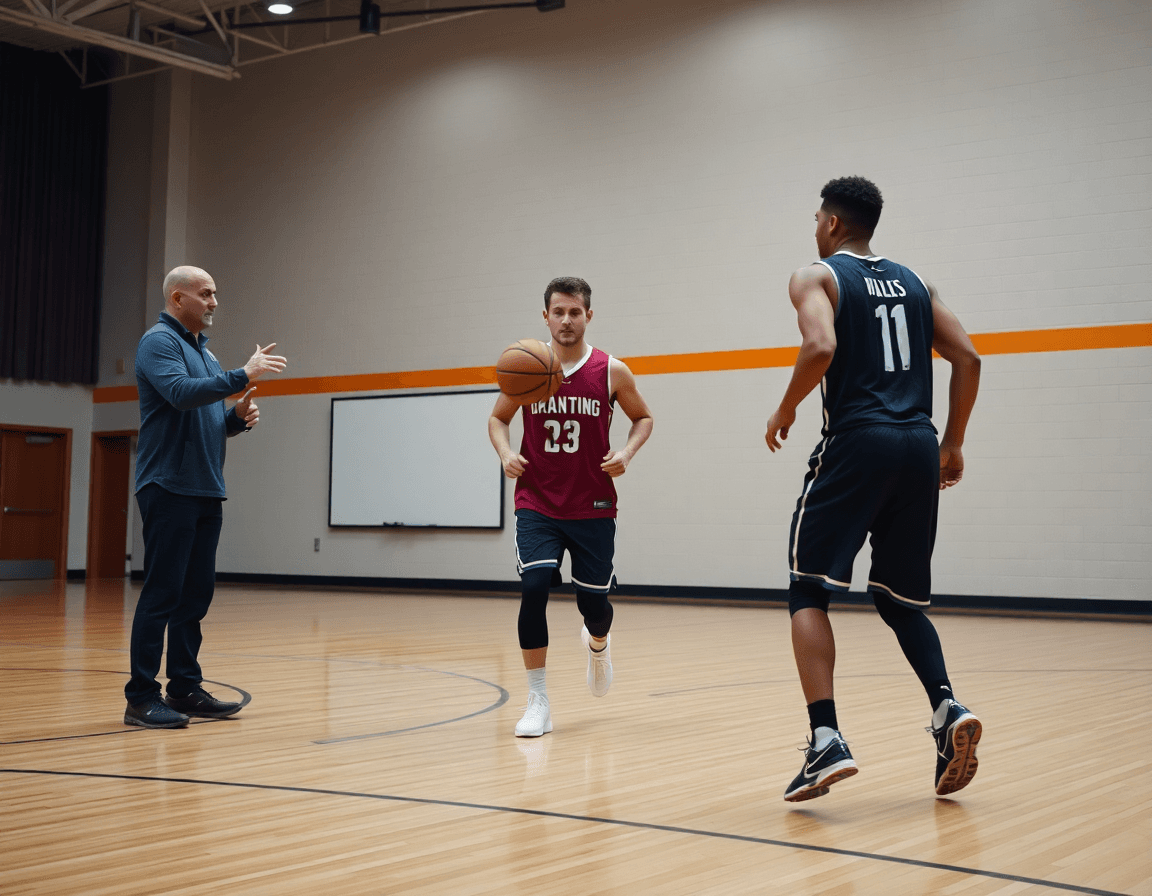 Jugadoras y jugadores trabajan un bloqueo con el coach baloncesto guiando desde la banda.