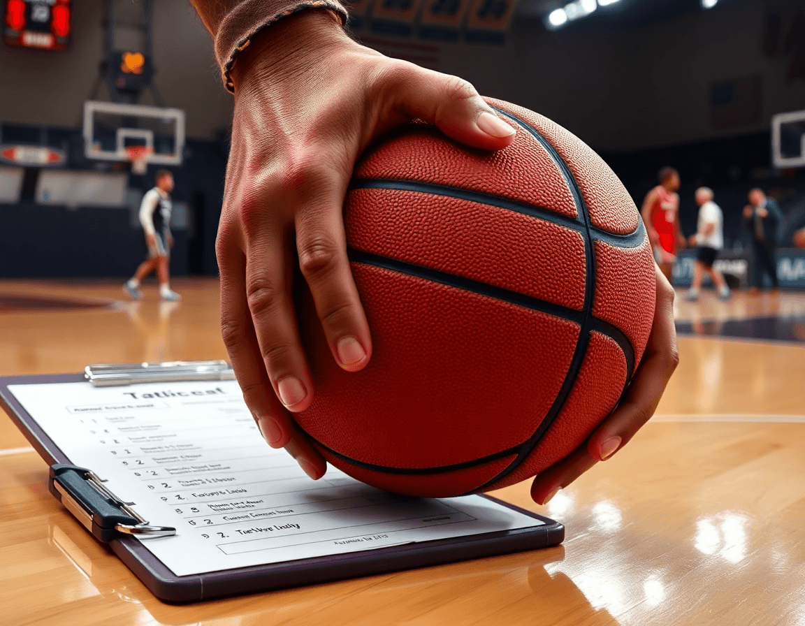 Primer plano de manos sosteniendo una pelota de baloncesto mientras el coach baloncesto dirige.