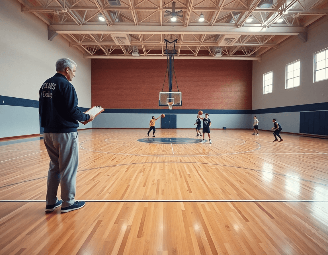 coach baloncesto dirige un entrenamiento en una cancha de baloncesto, mostrando estrategia y trabajo en equipo.