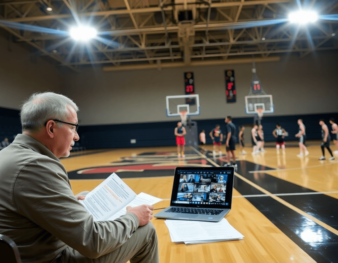 Analista bajo luces de gimnasio revisando scouting y clips, con coach basket y jugadores al fondo.
