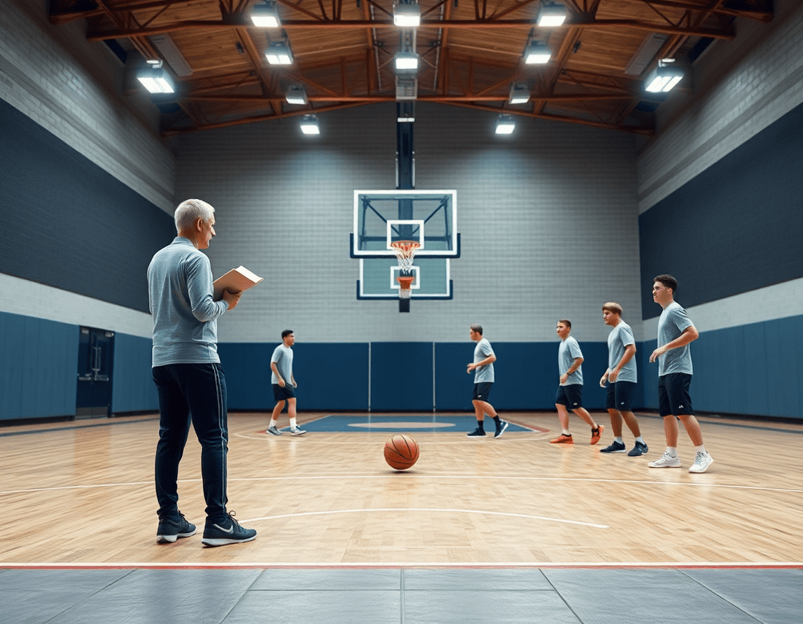 Vistazo amplio de coach basket dirigiendo a un equipo durante un entrenamiento en un gimnasio real.