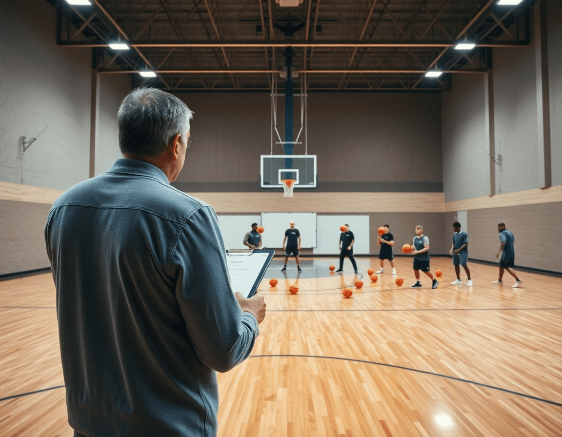 Equipo de baloncesto en cancha de madera, practicando como atacar defensa en zona baloncesto con pase y movimiento.