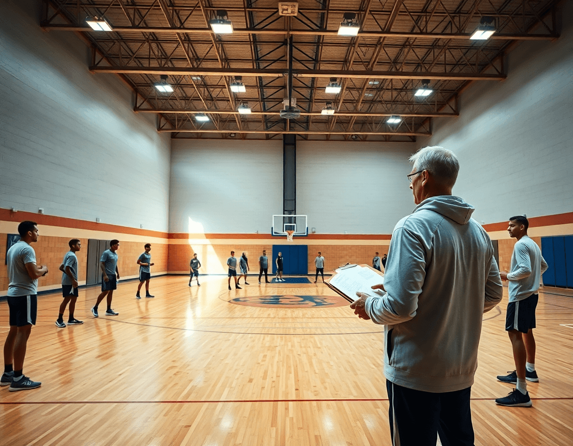 Imagen amplia de entrenamiento de baloncesto: como atacar una defensa individual en baloncesto durante práctica.