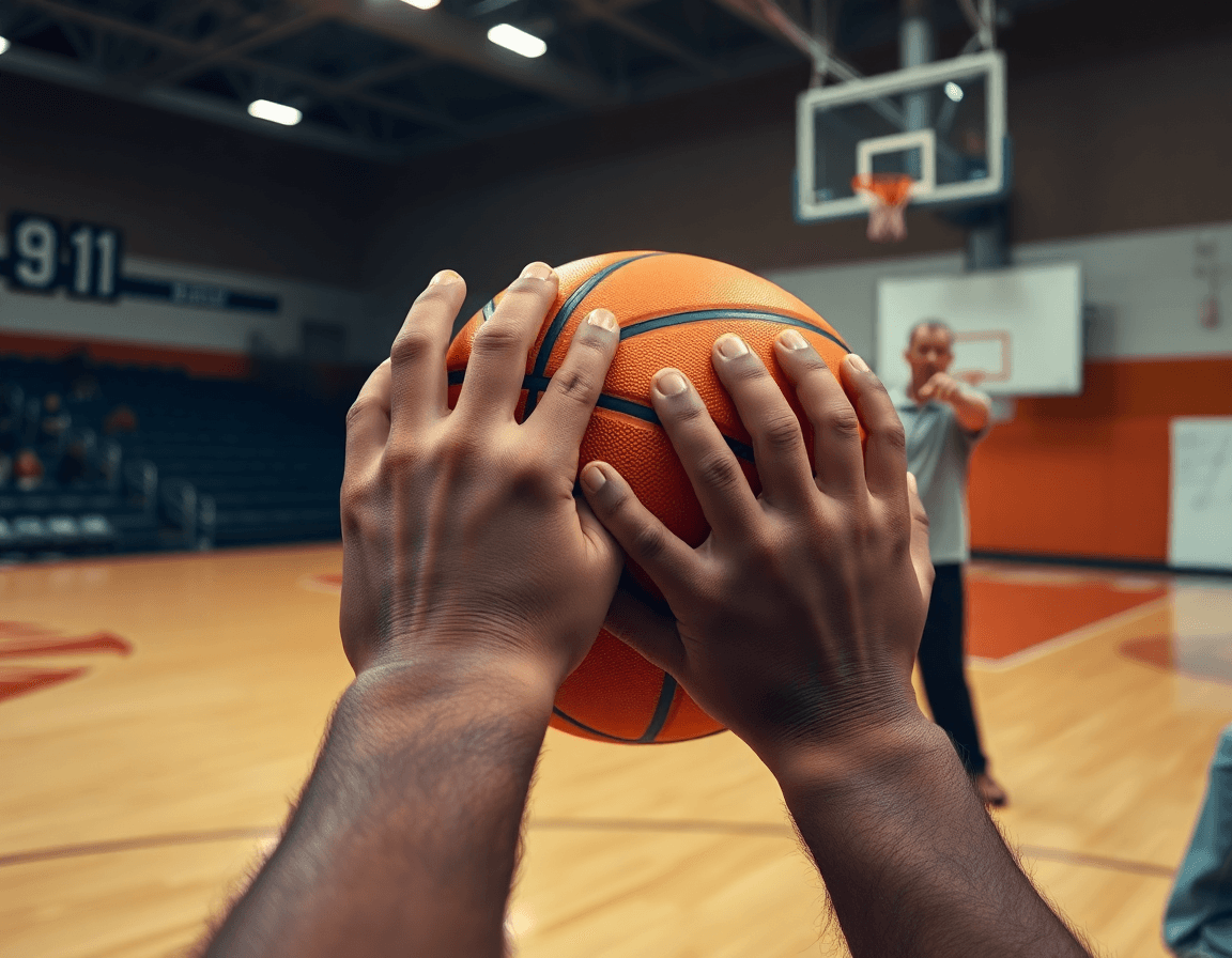 Primer plano de manos con balón; como defender en baloncesto uno contra uno.