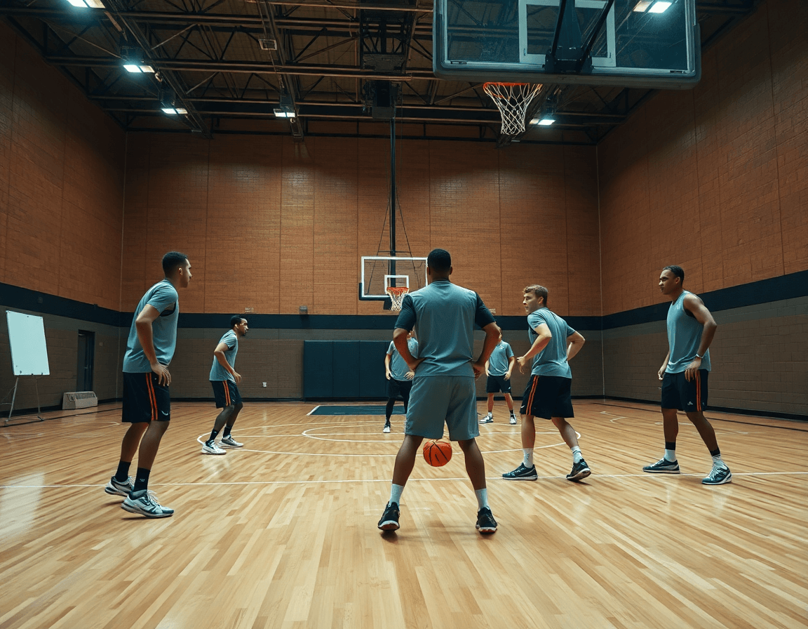 Equipo practica defensa 1x1 en un gimnasio: como defender en baloncesto uno contra uno durante la sesión.
