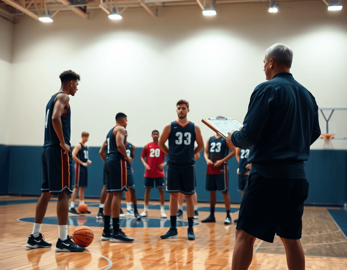 Plano medio del equipo practicando como defender en zona baloncesto, el entrenador usa la pizarra táctica.