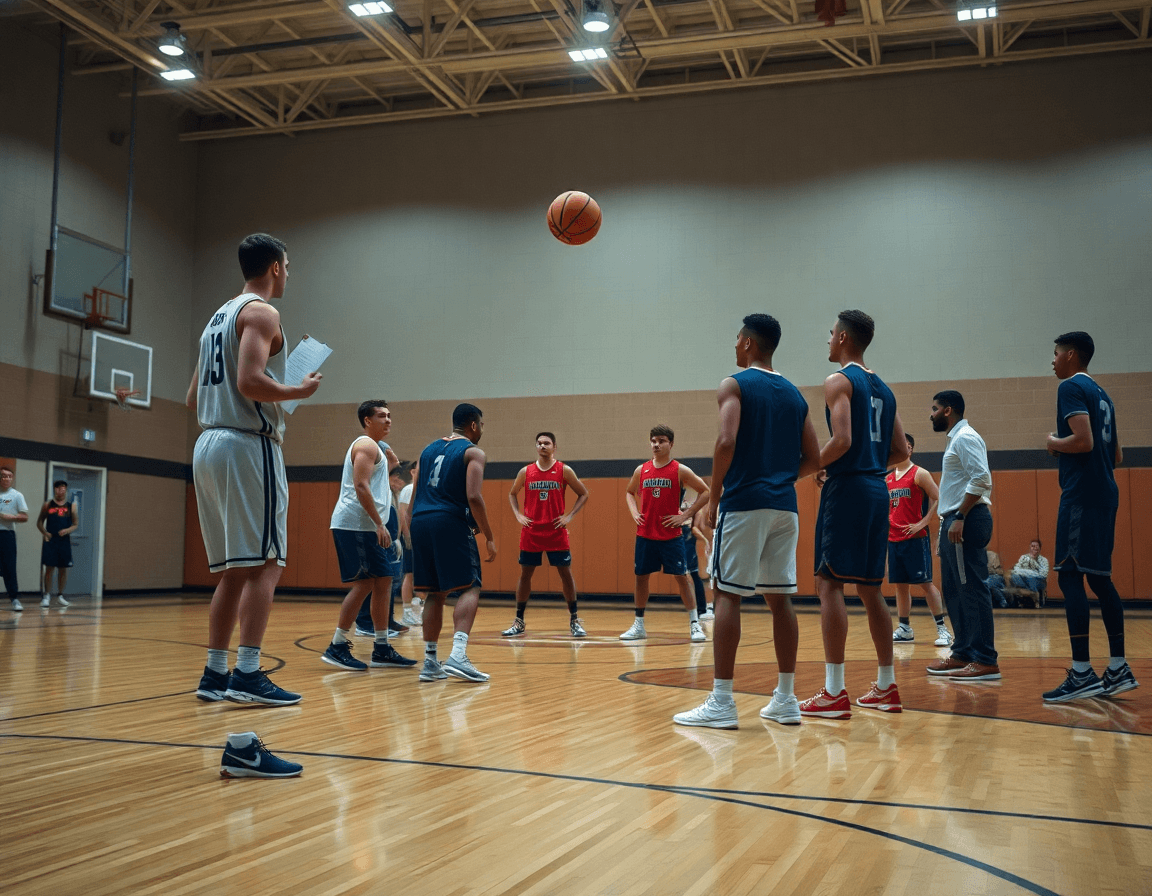 Acción de rotaciones en defensa en zona baloncesto durante un drill, jugadores se mueven coordinadamente.