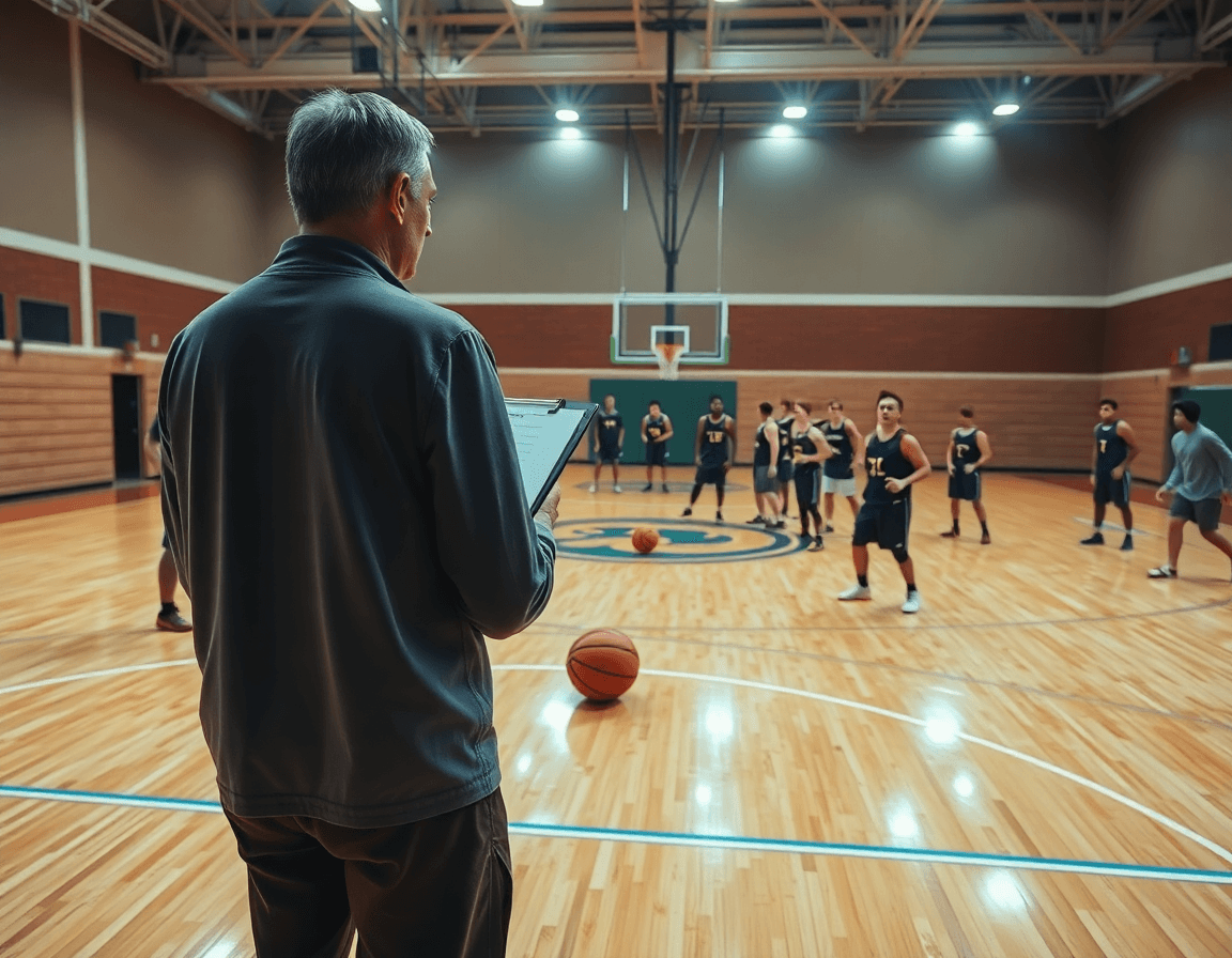 Equipo de baloncesto practica como defender en zona baloncesto bajo la dirección del entrenador.
