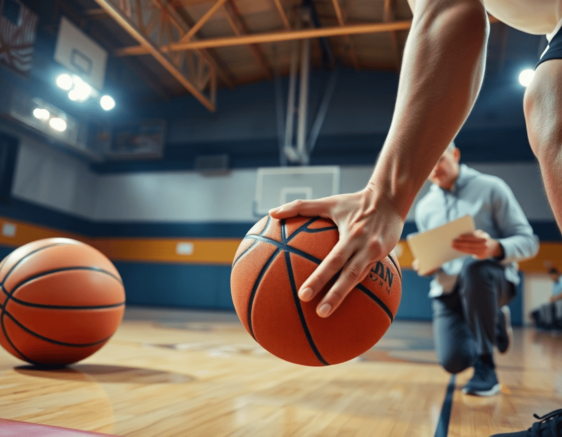 enfoque cercano en las manos con una pelota de baloncesto; guía para como entrenar baloncesto en casa