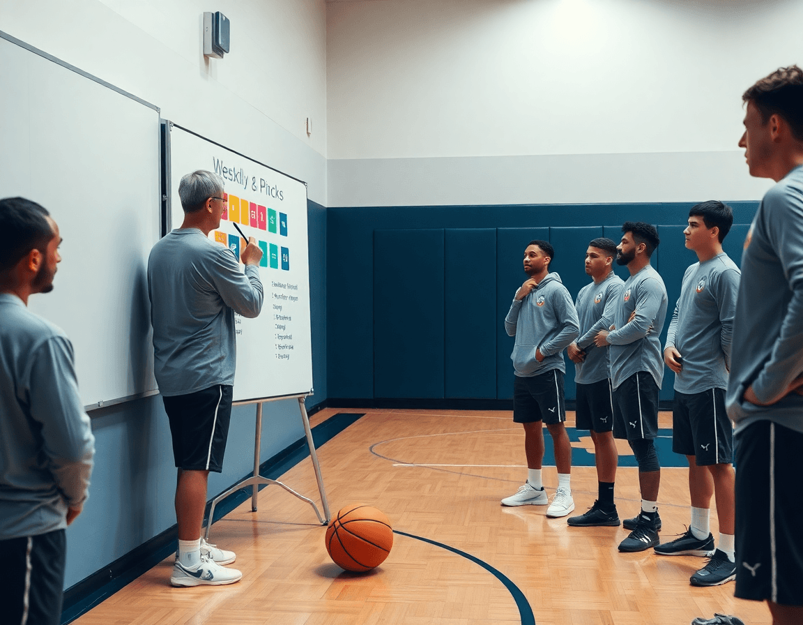 Plano corto para como entrenar baloncesto a niños, entrenador explicando la semana a los jóvenes.