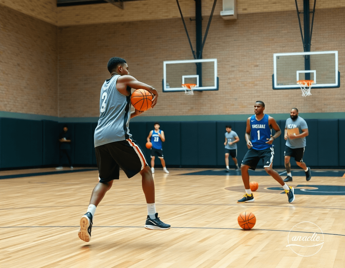 Plano detalle de como entrenar baloncesto a niños, dos jugadores ajustando la técnica frente al entrenador.