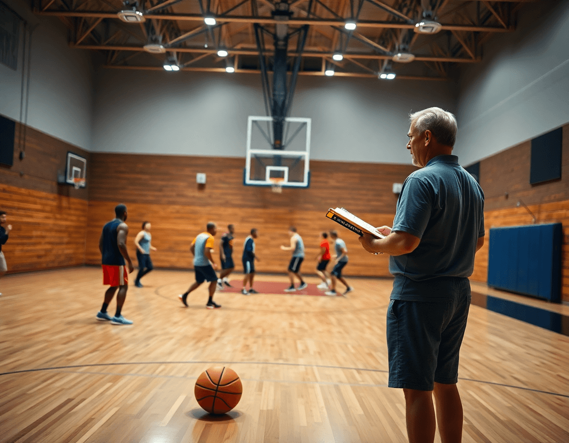 como entrenar baloncesto a niños: un entrenador dirige a jóvenes en un gimnasio de baloncesto.