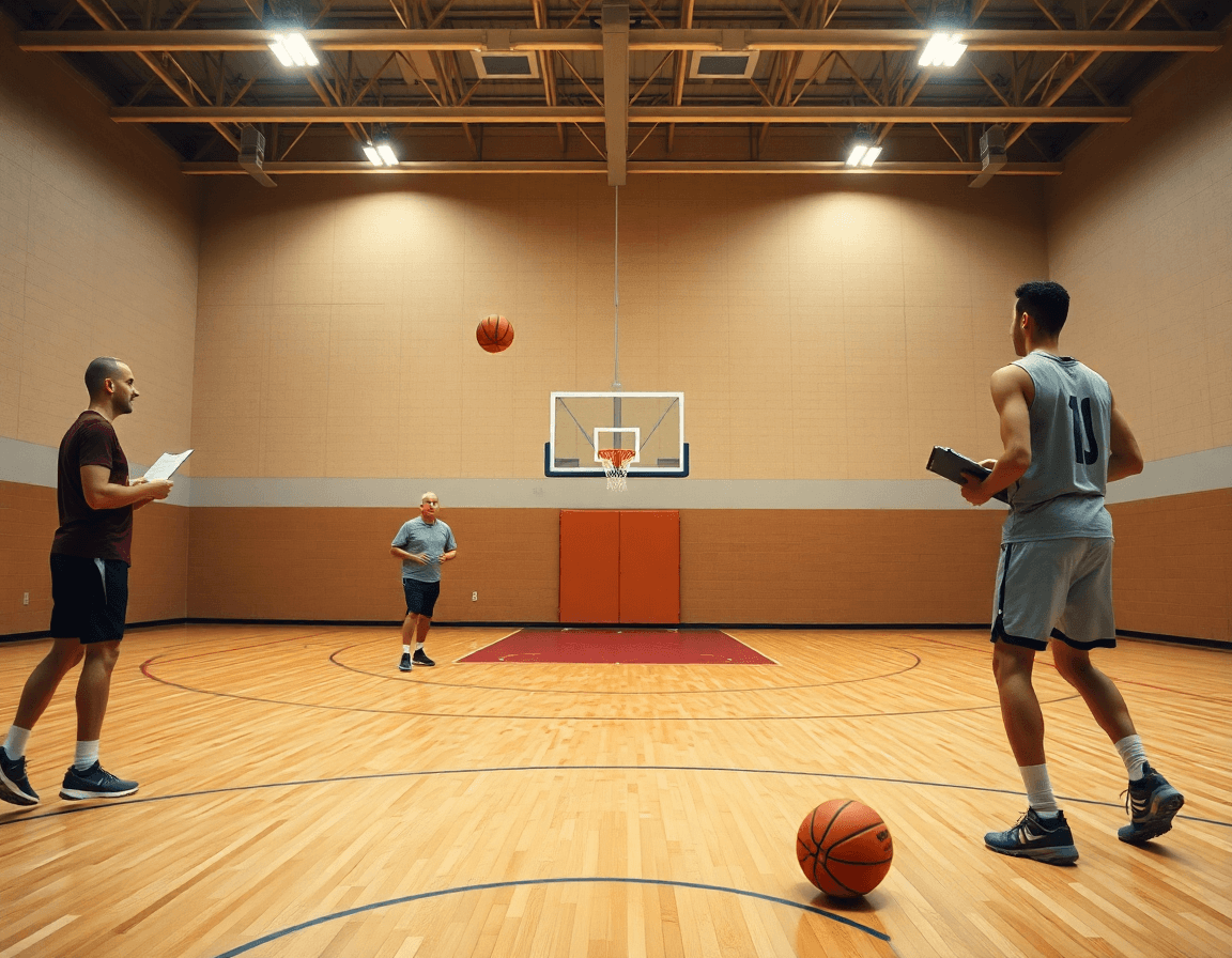 Primer plano de dos jugadores practicando pase y tiro; como entrenar el tiro en baloncesto.