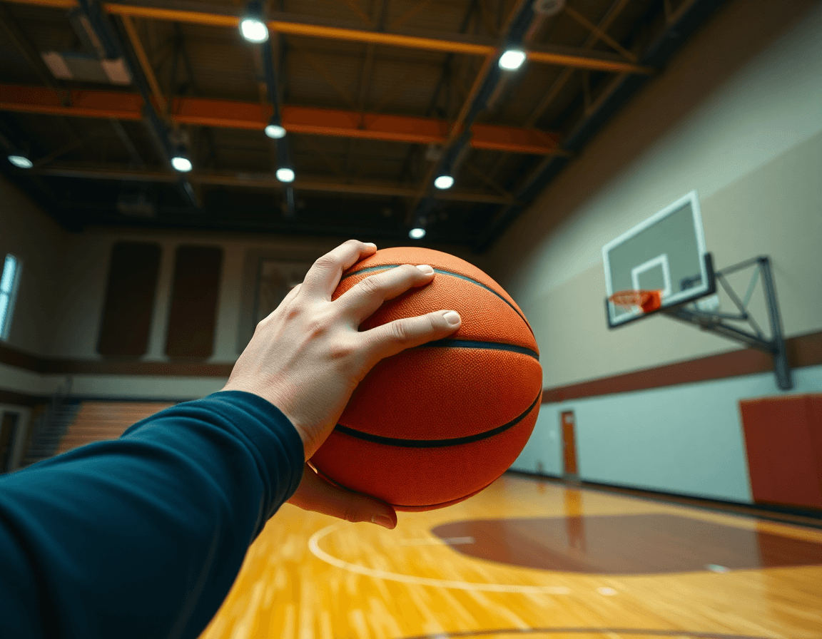 Manos sosteniendo una pelota naranja; como entrenar el tiro en baloncesto de cerca.