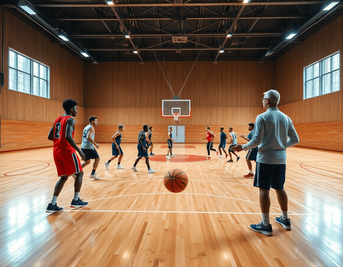Vista amplia del entrenamiento de medio campo; como entrenar el tiro en baloncesto.