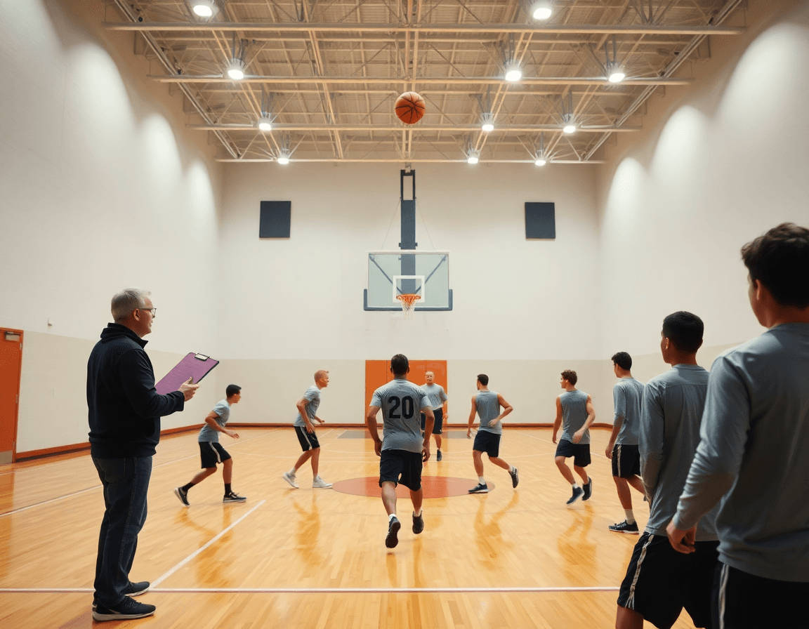 como entrenar el tiro en baloncesto en un gimnasio con entrenador y equipo en acción.