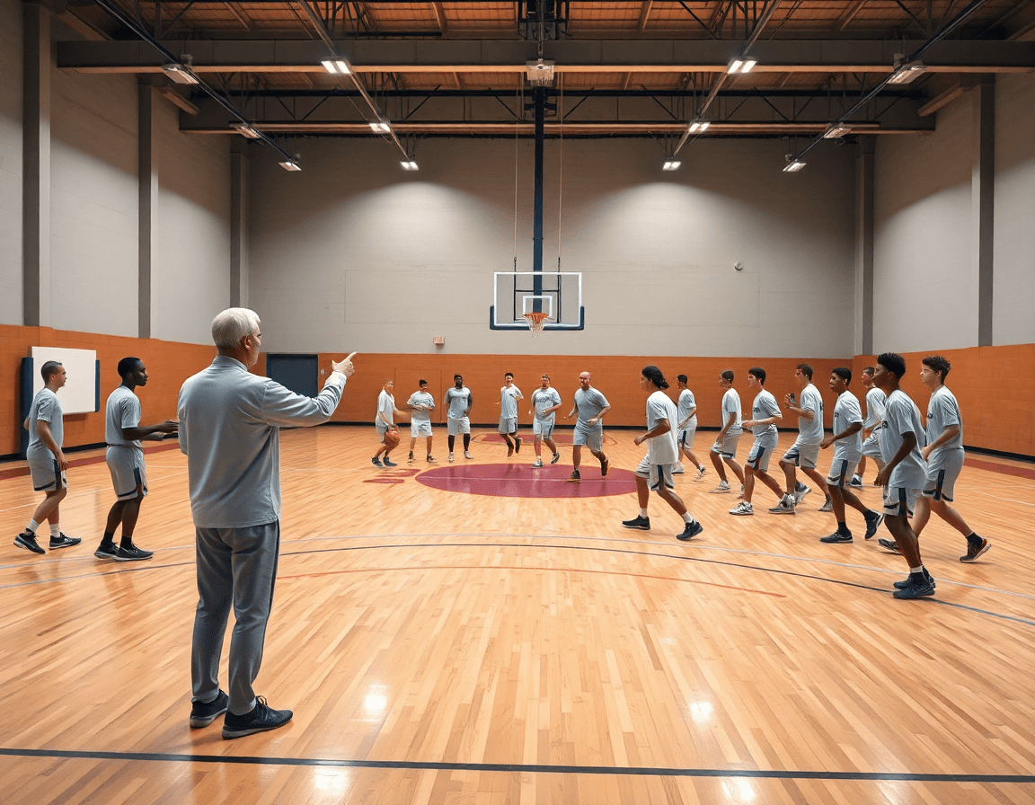 Basketball coach leading a team practice in a gym