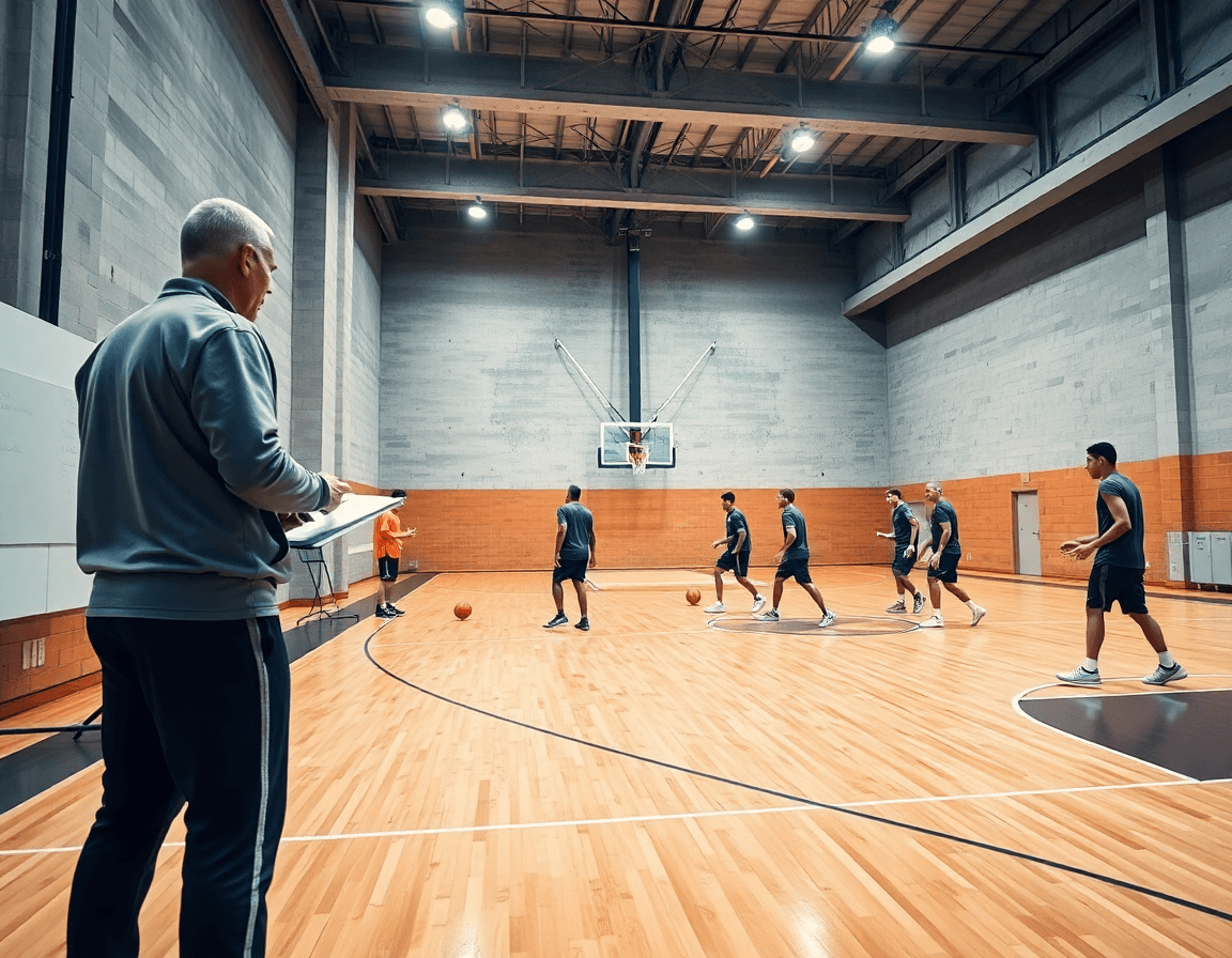 como entrenar para jugar baloncesto: entrenador dirige la sesión en la cancha.