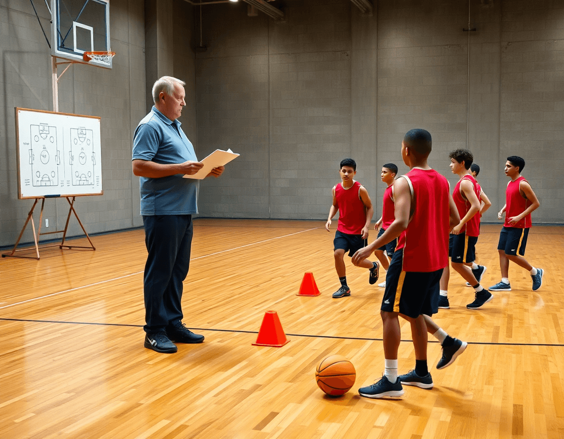Entrenador y jugadores en cancha, mostrando como entrenar un equipo de baloncesto durante la práctica.