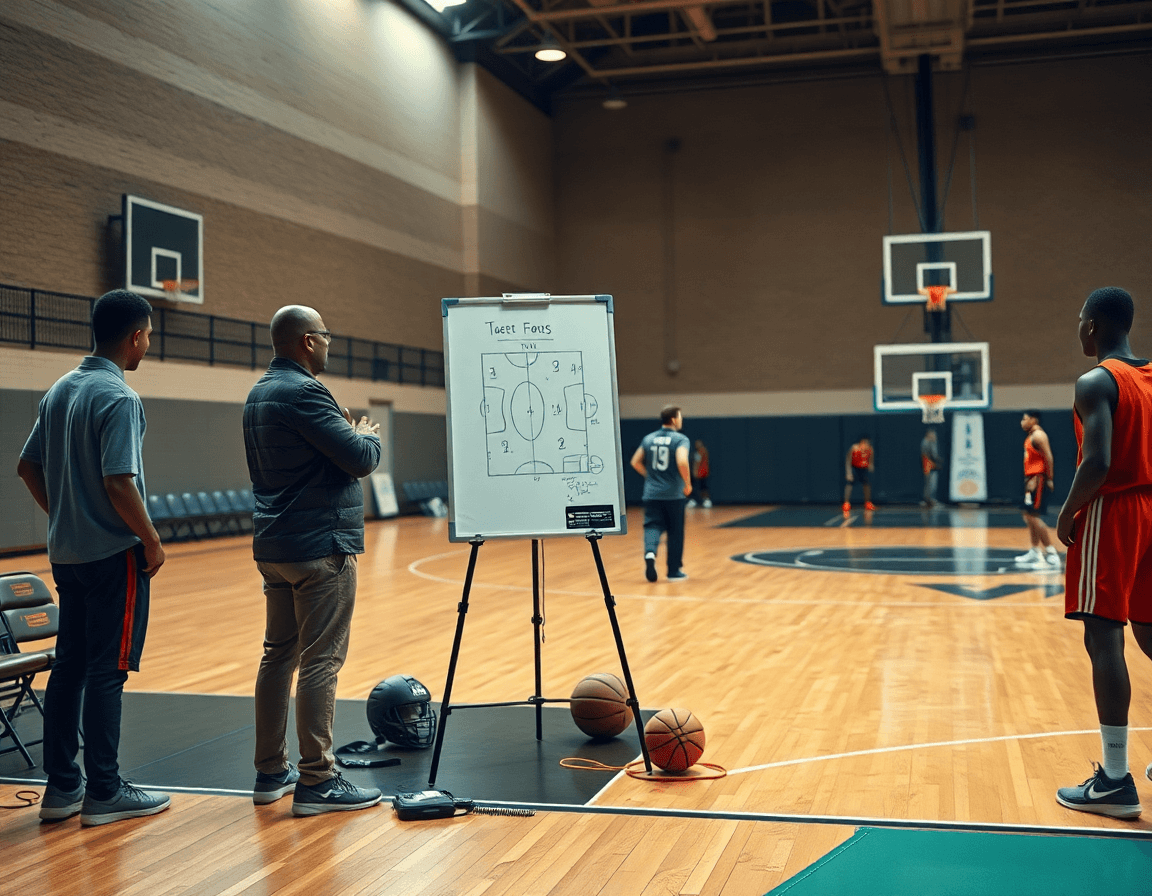 Entrenador con pizarra táctica explicando como entrenar un equipo de baloncesto durante la sesión.