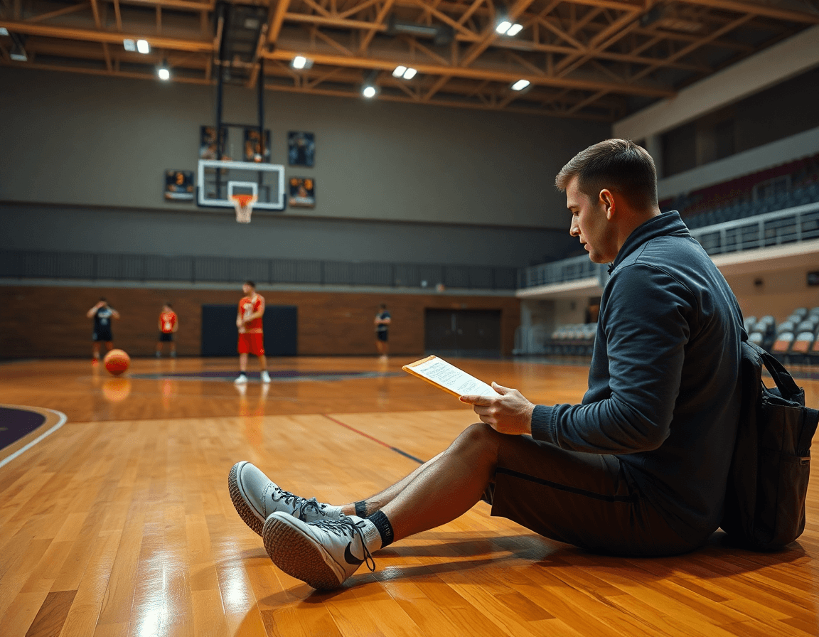 Miembro del staff revisando clips de baloncesto para scouting, mostrando como entrenar un equipo de baloncesto.