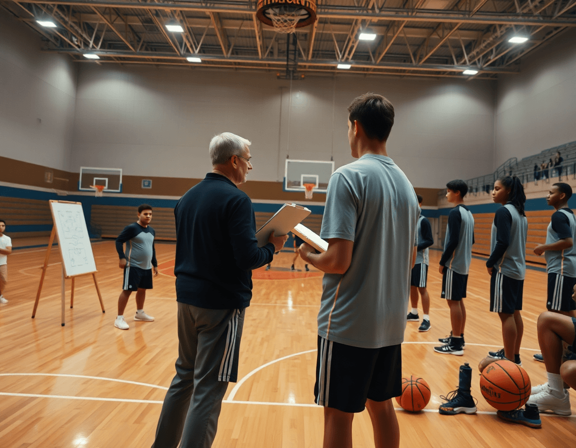 Escena amplia de baloncesto en gimnasio mostrando como entrenar un equipo de baloncesto.