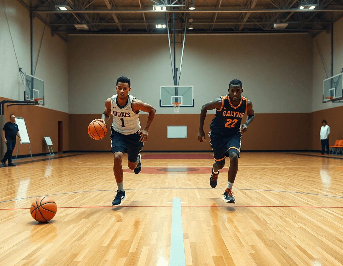 Primer plano de baloncesto; dos jugadores corren con balón para practicar velocidad junto a un entrenador.