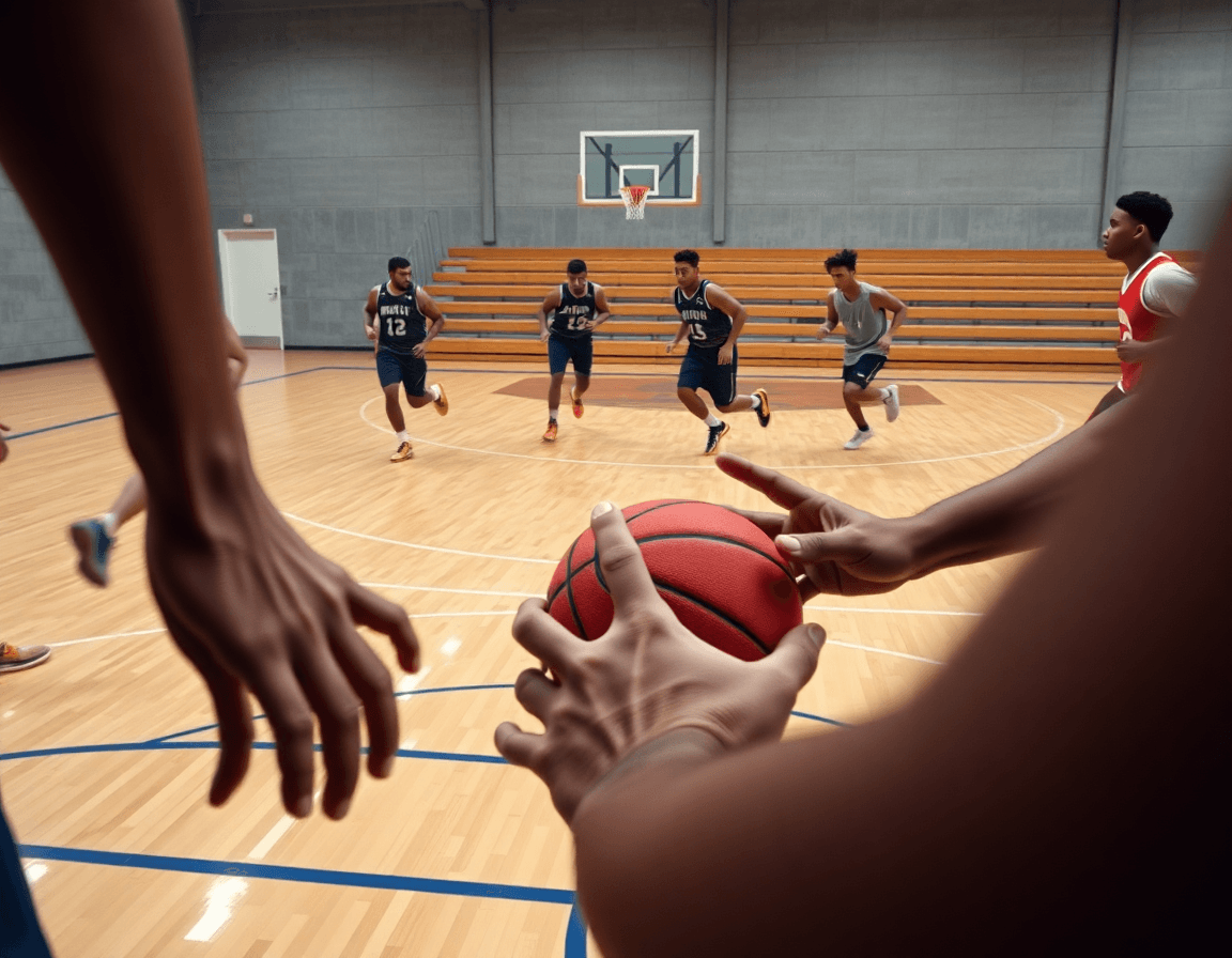 Plano detalle: dribbling rápido y reloj, mientras practican velocidad en baloncesto en cancha.