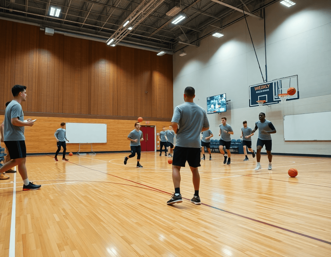 Escena amplia de baloncesto en gimnasio; entrenador dirige velocidad como entrenar velocidad en baloncesto.