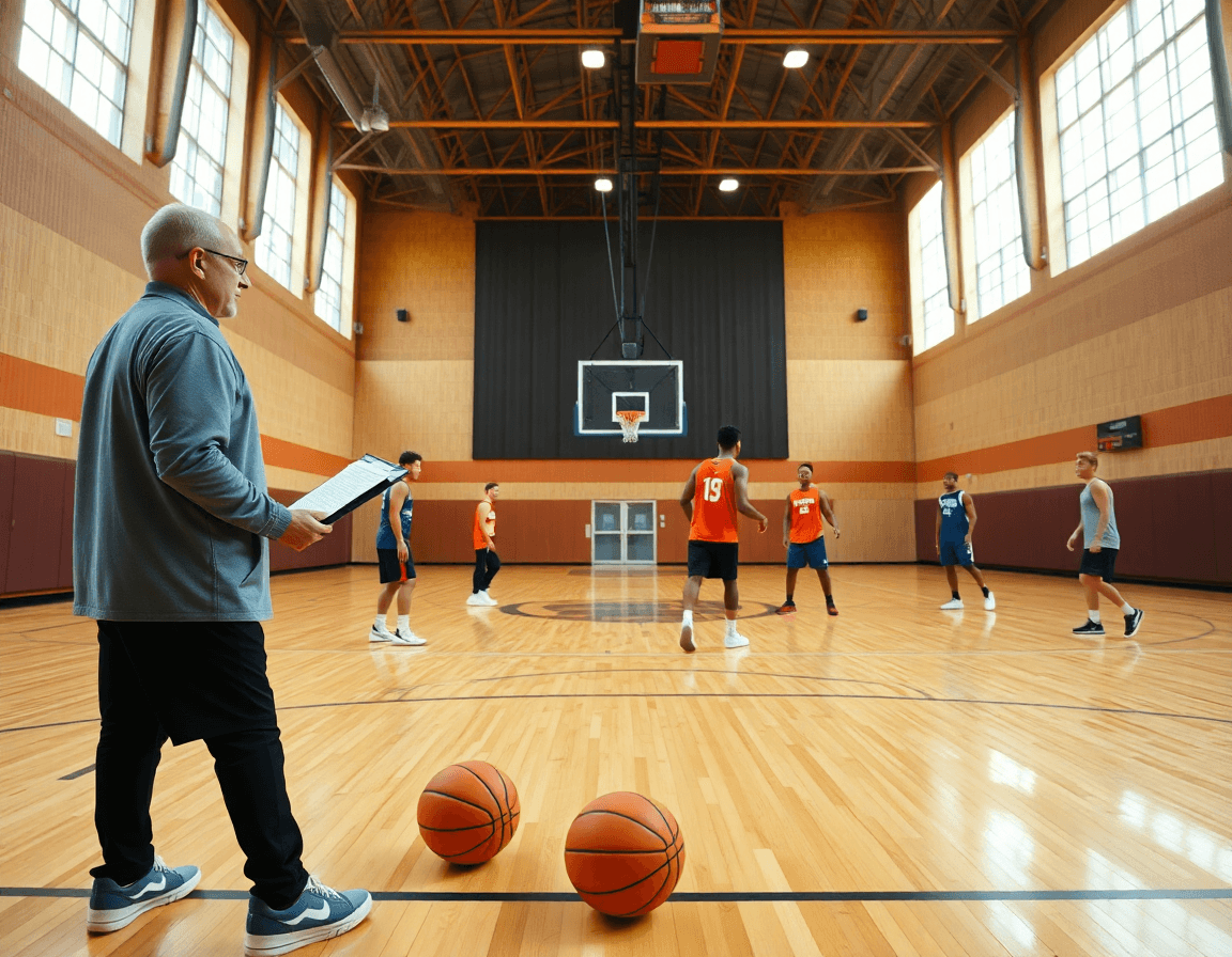 Plano amplio de baloncesto en gimnasio, entrenador y equipo practicando como mejorar la mecanica de tiro en baloncesto.