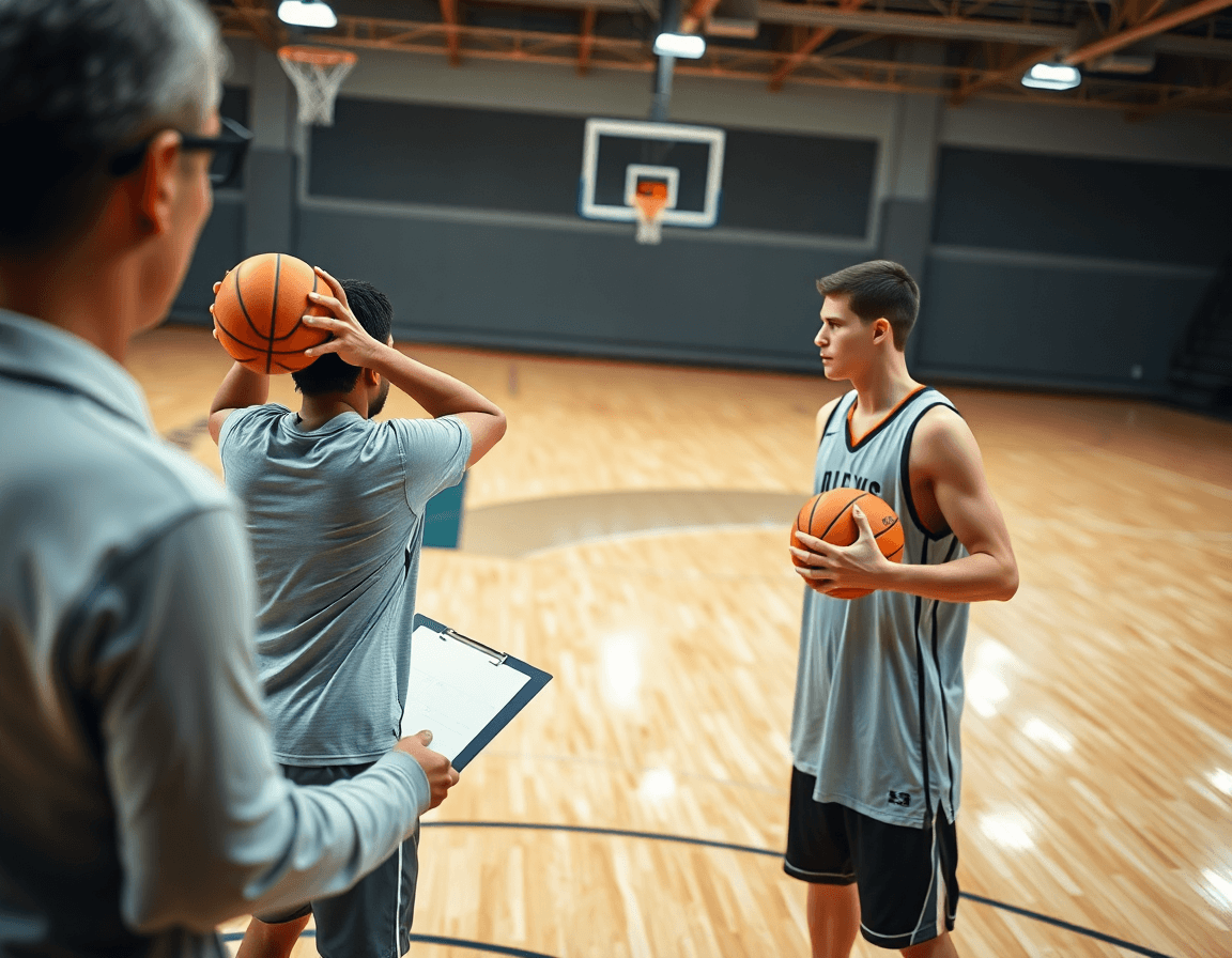 Como mejorar la tecnica de tiro en baloncesto: entrenador dirige ejercicios de tiro en la cancha.