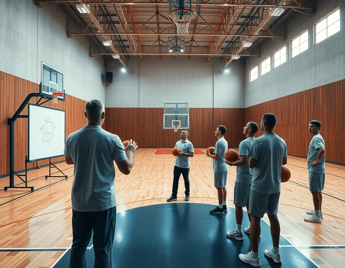 Como mejorar la tecnica de tiro en baloncesto: entrenador dirige una sesión de tiro en la cancha.