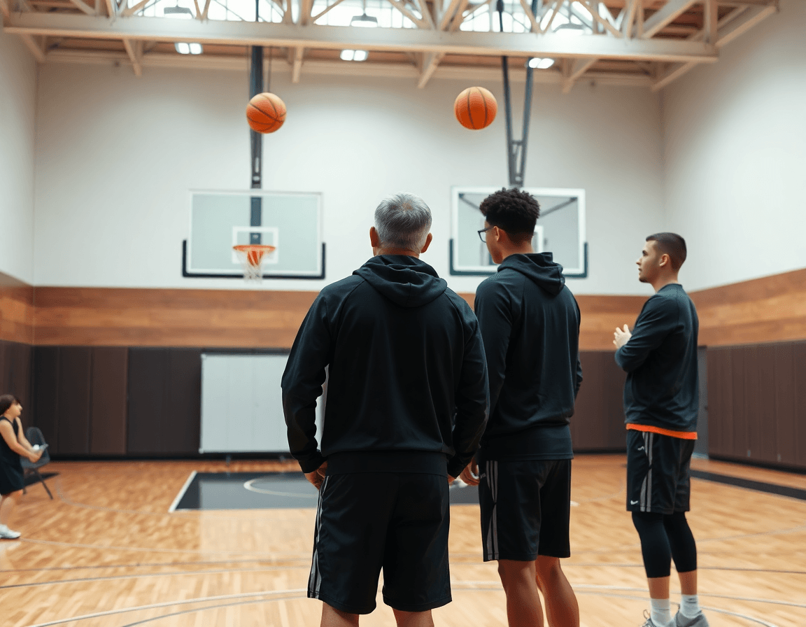 Primer plano del entrenador con pizarra mostrando como mejorar el tiro de 3 en baloncesto
