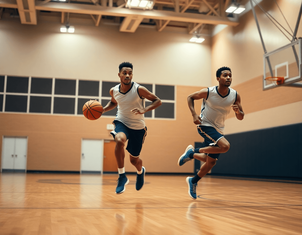 Players running a fast-break drill in practice