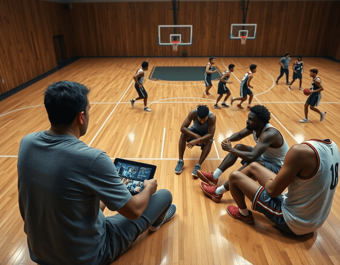 Revisión de video en el gimnasio para como mejorar el tiro de 3 en baloncesto entre jugadores