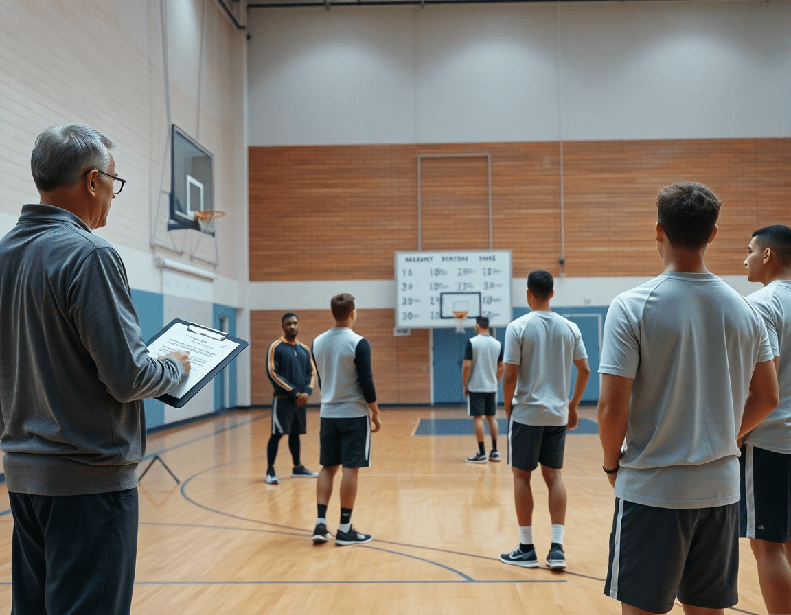 Equipo de baloncesto entrenando con entrenador y la pizarra, como mejorar tiro baloncesto en equipo.