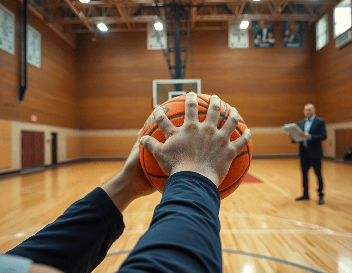 Primer plano manos sobre una pelota naranja, como mejorar el tiro libre en baloncesto durante la práctica.