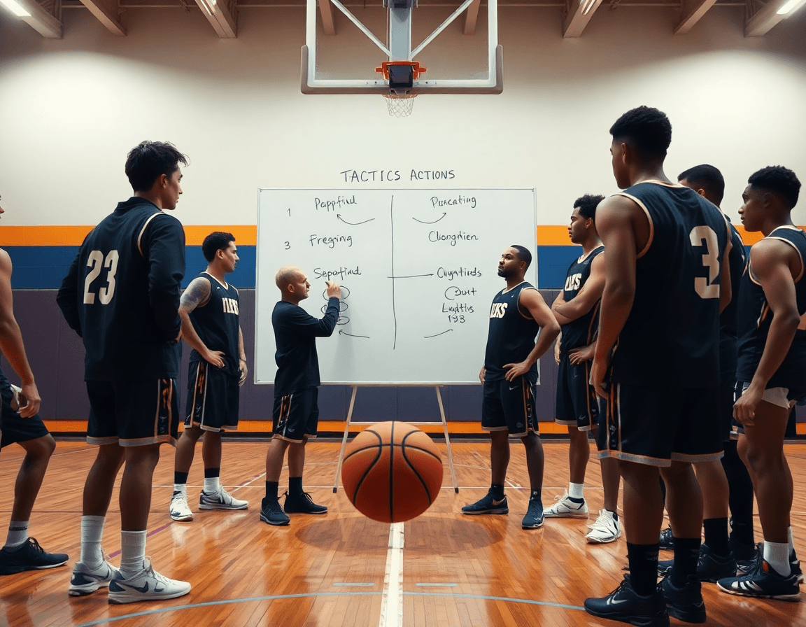 Enfoque en el entrenador dibujando en la pizarra mientras se practica el tiro libre de baloncesto.