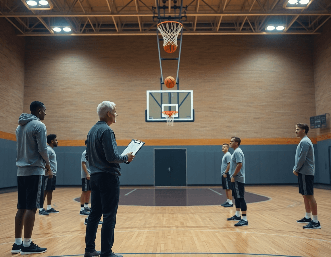 como mejorar el tiro libre en baloncesto: entrenador guía al equipo durante un tiro libre en un gimnasio.