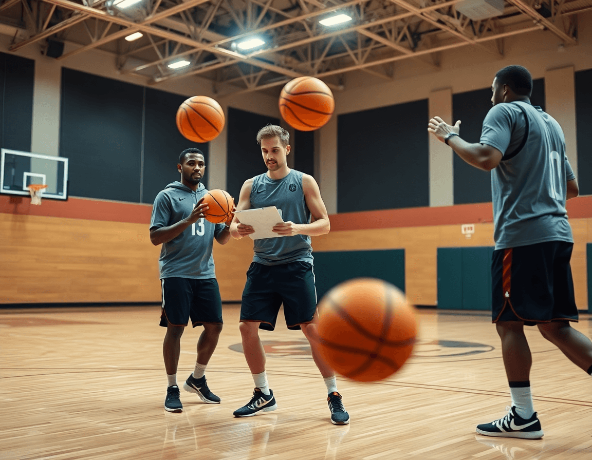 Primer plano de drill de baloncesto, con plan entrenamiento baloncesto visible en la pizarra y jugadores.