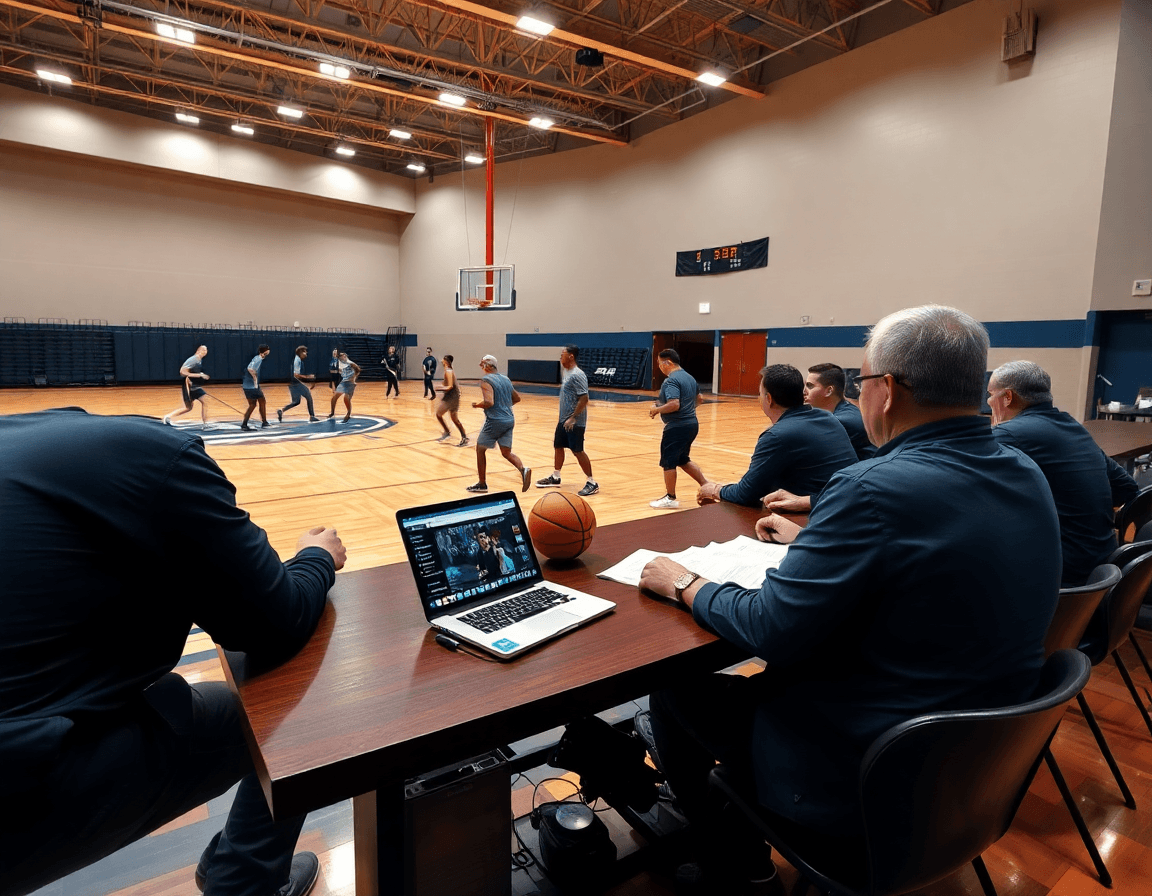 Vista amplia: staff revisa clips de baloncesto junto a la cancha durante el trabajo de scouting.