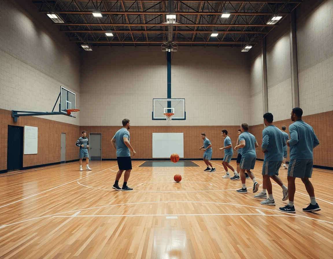 Plan entrenamiento baloncesto en acción: entrenador explica la estrategia al equipo frente a la cancha iluminada.