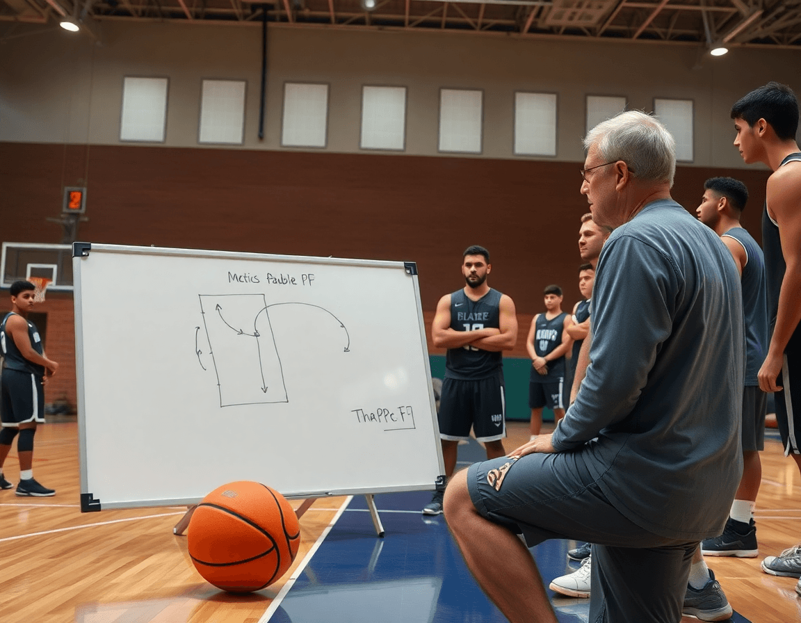 Ala pivot baloncesto dibujo explica una jugada simple en la pizarra durante la sesión de baloncesto.