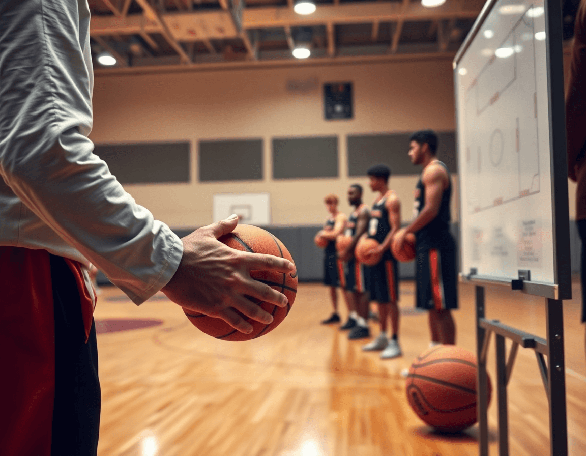 Primer plano de baloncesto mini: manos del entrenador dibujando jugada y jugadores con balón.