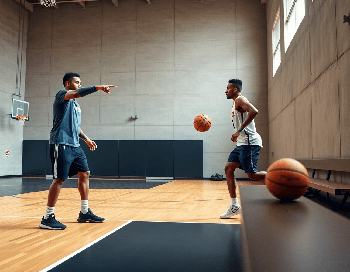 Atletas practicando transición en baloncesto mini frente a luz de gimnasio brillante.